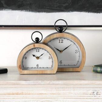 White Wooden Semicircle Clock with Brown Wooden Frame and Ring Handle (Set image