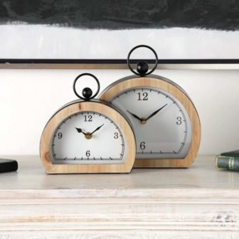 White Wooden Semicircle Clock with Brown Wooden Frame and Ring Handle (Set...