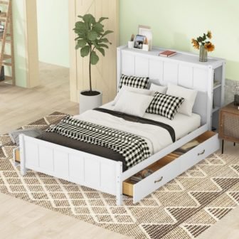White Wood Frame Full Size Platform Bed with 4-Drawers and 6-Storage Shelves