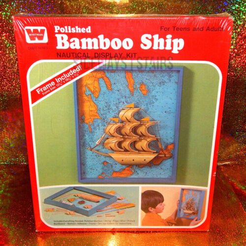 WHITMAN POLISHED BAMBOO SHIP W/ DISPLAY FRAME 1973 vintage nautical model kit