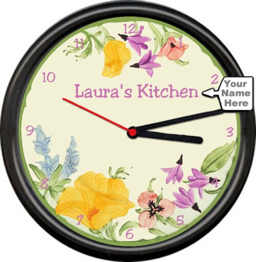 Wild Flower Yellow Purple Cream Personalized Name Kitchen Gift Sign Wall Clock