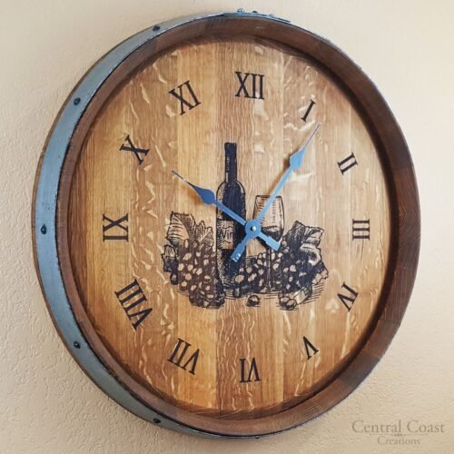 Wine Glass Engraved Wine Barrel Clock Large Wall Rustic Furniture Handmade Decor