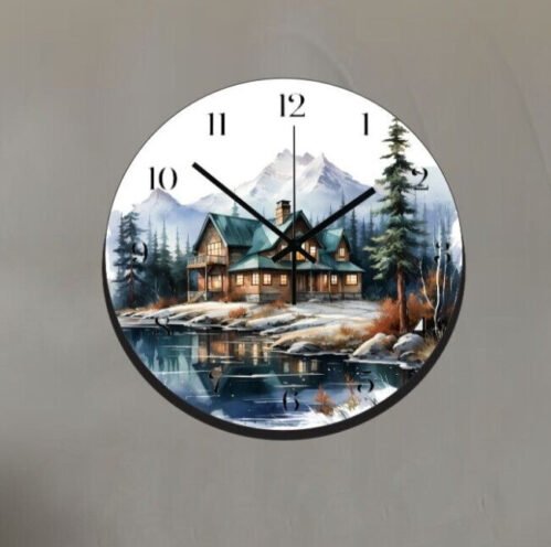 Winter Snow Scene Wilderness Cabin Art Wall Hanging Wall Clock Time Piece