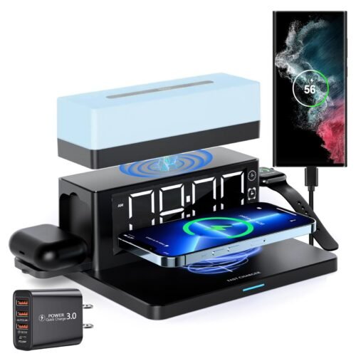 Wireless Charger,6 in 1 Wireless Charging Station with Digital Alarm Clock&Ni...