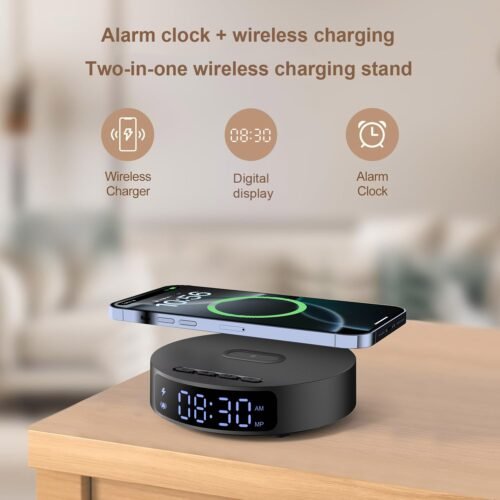 Wireless Charger Digital Alarm Clock For iPhone 17 Pro 16e Samsung S25 Ultra S24