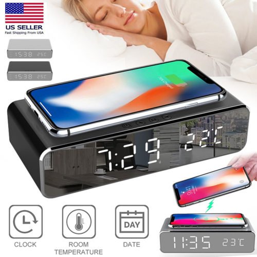 Wireless Charger Stand Alarm Clock LED Fast Charging Station For iOS Android