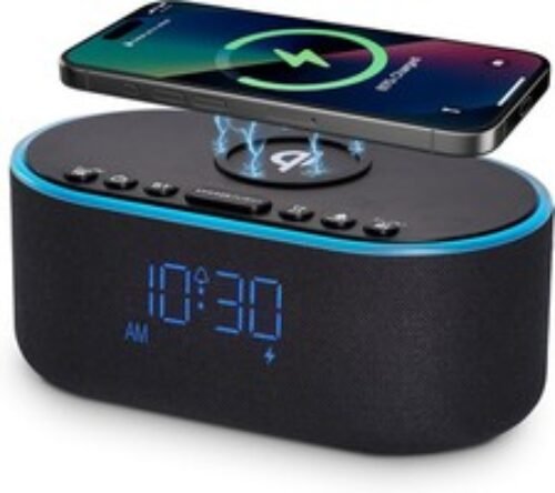 Wireless Charging Alarm Clock Radio: Qi Certified Fast Black - Blue Digits