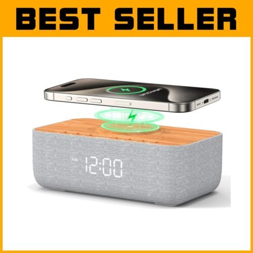 Wireless Charging Alarm Clock with White Noise Machine – Modern Woodgrain Design