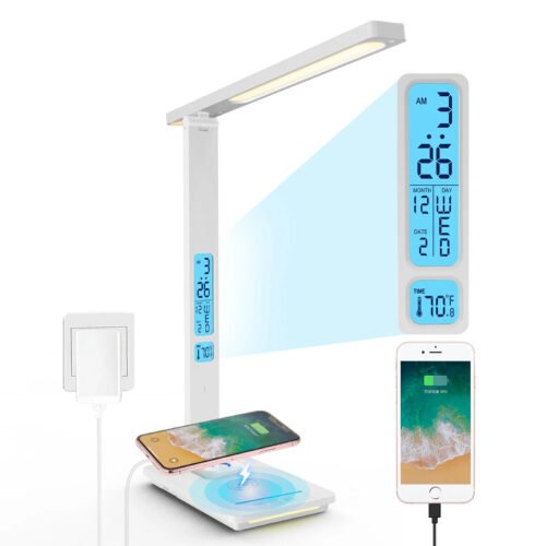 Wireless Charging LED Desk Lamp with Calendar Temperature Alarm Clock Eye