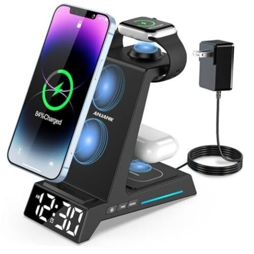 Wireless Charging Station - 4 in 1 Wireless Charger with Alarm Clock, Black