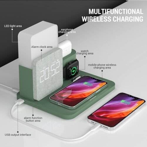 Wireless Charging Station, iPhone 3 in 1 Fast 15W Wireless Charger with Alarm Cl