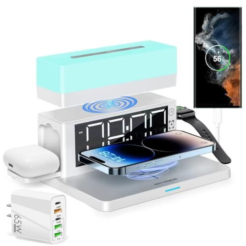 Wireless Charging Station with 65W USB C Charger, 6 in 1 Alarm Clock Magnetic...