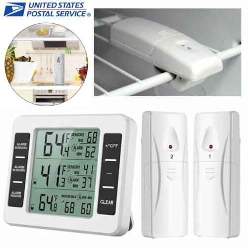 Wireless Digital Refrigerator Freezer Thermometer Temp Alarm 2 Sensor In/Outdoor