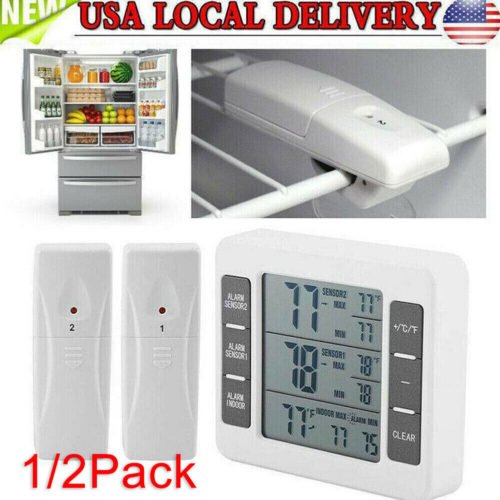 Wireless Digital Refrigerator Freezer Thermometer Temp Alarm 2 Sensor In/Outdoor