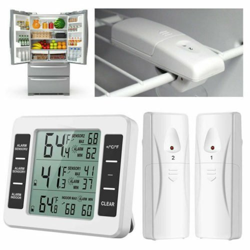 Wireless Digital Refrigerator Freezer Thermometer Temp Alarm 2 Sensor In/Outdoor