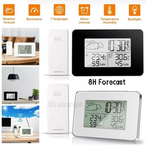 Wireless Indoor Outdoor Weather Station Clock - 8H Forecast, Backlight Alarm