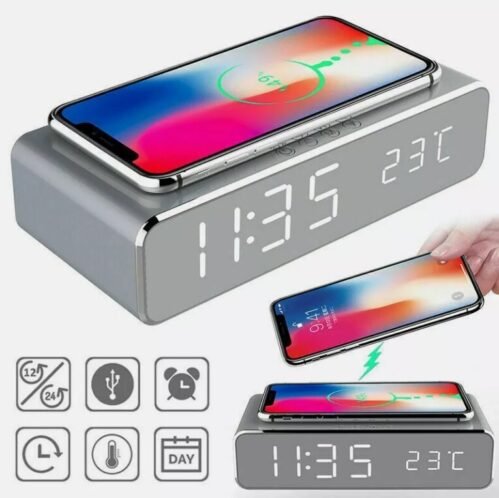 Wireless Phone Charger USB LED Digital Desk Alarm Clock With Thermometer