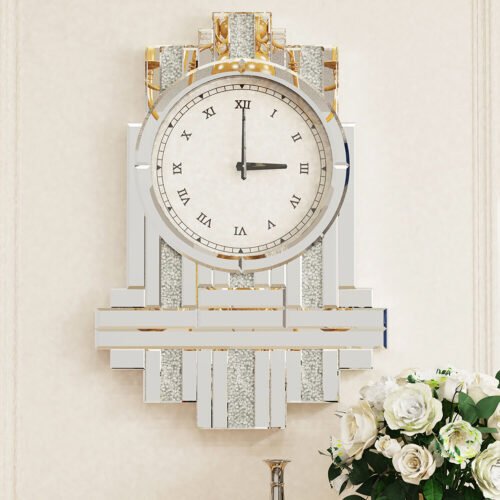 Wisfor Sparkly Silver Roman Numeral Clock Clock Crystal Wall Mirror Diamond Deco