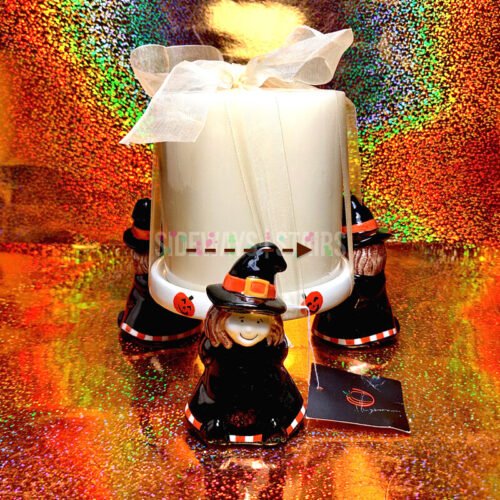 WITCH COVEN PILLAR CANDLE HOLDER Halloween ceramic crackle glaze cute Kohls RARE