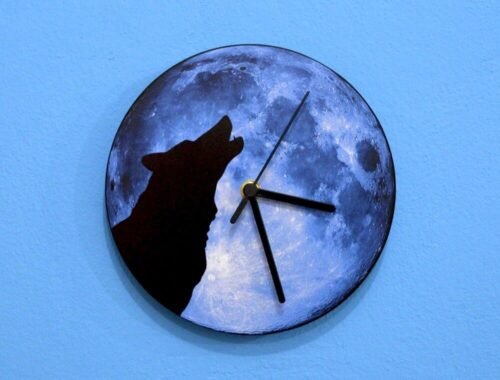Wolf Howling Silhouette On Blue Moon - Wall Clock