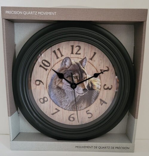 Wolf Rustic Reflective Art Classic Frame Wall Clock 9 1/2" Batt Op NEW