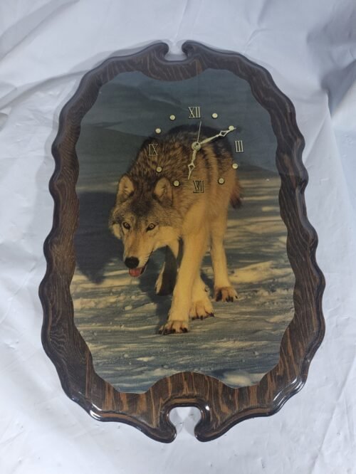 WOLF Wooden Clock Glossy Wood Finish Wall Decor Wolves Cabin Country Rustic