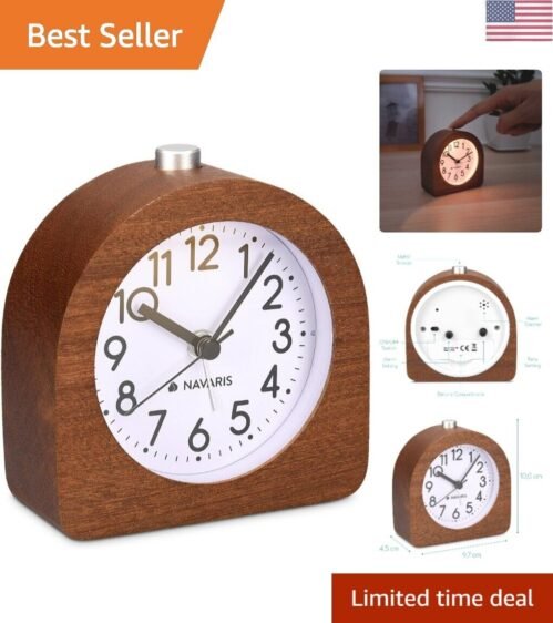 Wood Analog Alarm Clock - Half-Round Battery-Operated Non-Ticking Clock with ...