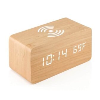 Wood Brown LED Digital Alarm Clock with Qi Wireless Charging, Sound Control,...