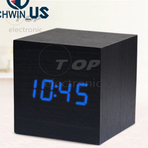Wood Cube Clock LED Alarm Voice Control Digital Desk Bedside Wooden Temperature