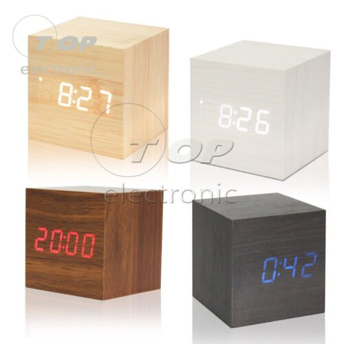 Wood Cube Clock LED Alarm Voice Control Digital Desk Bedside Wooden Temperature