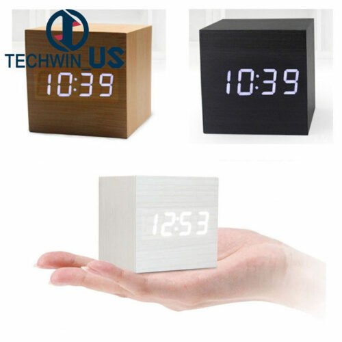 Wood Cube Clock LED Alarm Voice Control Digital Desk Bedside Wooden Temperature