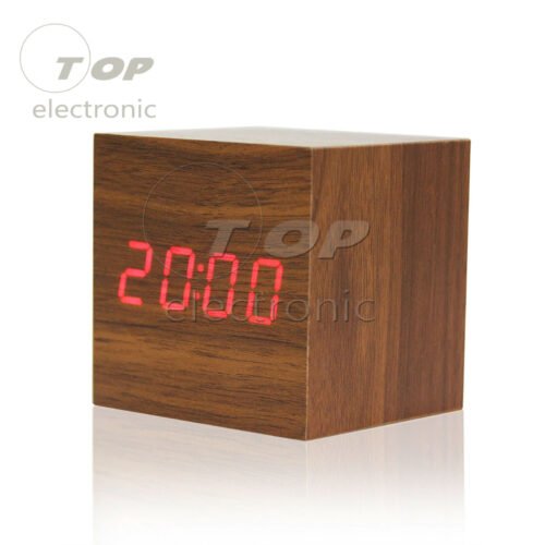 Wood Cube Clock LED Alarm Voice Control Digital Desk Bedside Wooden Temperature