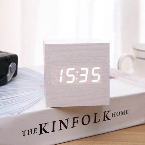 Wood Cube LED Alarm Control Digital Desk Clock Voice Control Room Temperature