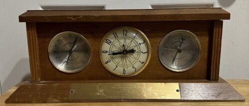 Wood Desk Clock With Thermometer Barometer Tested And Works