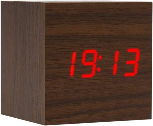 Wooden Alarm Clock - Cube LED Digital Clock with Time/Date/Temperature Display