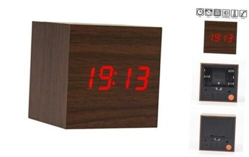 Wooden Alarm Clock - Mini Cube LED Digital Clock with 1-brown & Red