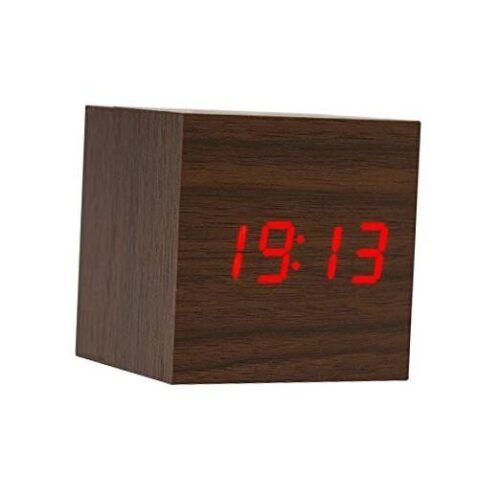 Wooden Alarm Clock - Mini Cube LED Digital Clock with 1-brown & Red