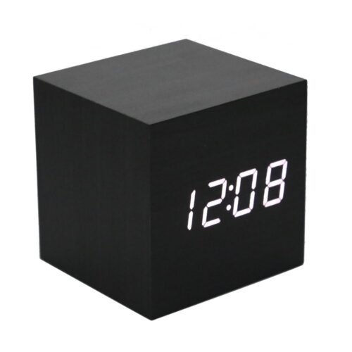 Wooden Alarm Clock - Mini Cube LED Digital Clock with Time/Date/Temperature