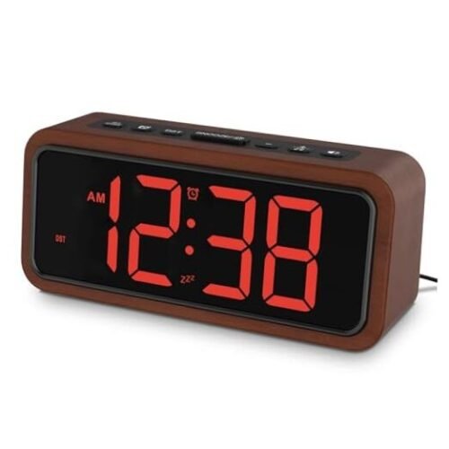 Wooden Alarm Clock, Loud Digital Clock with 5 Volumes, 12 Ringtones, Red