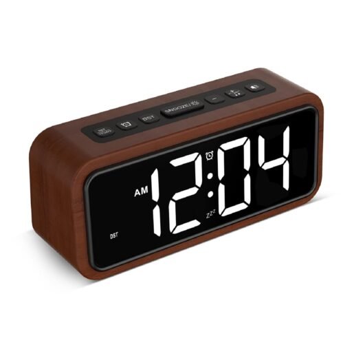 Wooden Alarm Clock Loud Digital Plug-in Clock with 5 Volumes 12 Ringtones Man...