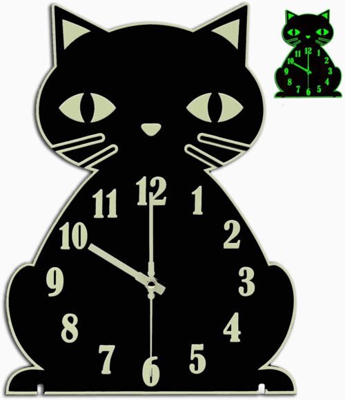 Wooden Black Cat Wall Clock Night Light Glow in The Dark Non-Ticking Home Decor