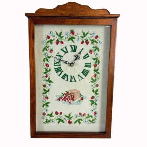 Wooden Cross Stitch Wall Clock Strawberry Glass Door VTG Kitchen Decor Country