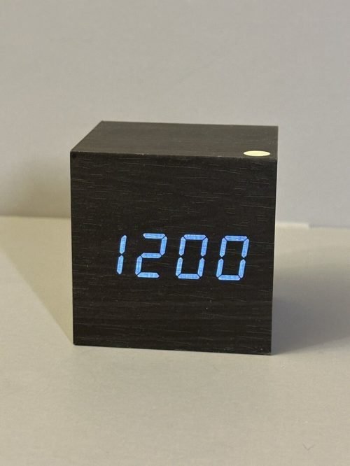 “Wooden” Cube LED Digital Alarm Clock, Time/Date & Temp, 2.5in Square Brown