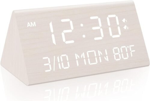 Wooden Digital Alarm Clock, 0-100% Dimmable, Temperature and Date Display,White