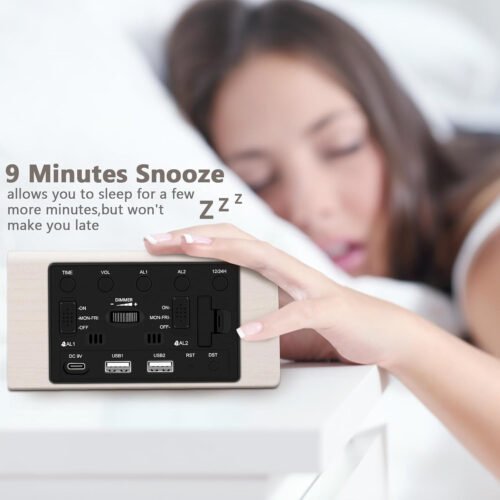 Wooden Digital Alarm Clock, 0-100% Dimmer, 2 Alarm Settings, Weekday/Everyday...
