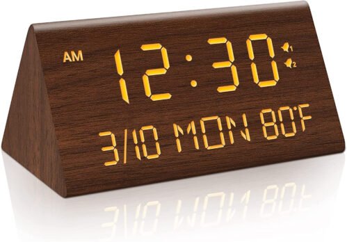 Wooden Digital Alarm Clock, 0-100% Dimmer, 2 Alarm Settings, Weekday/Everyday Mo