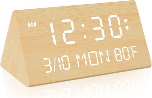 Wooden Digital Alarm Clock, 0-100% Dimmer, 2 Alarm Settings, Weekday/Everyday Mo