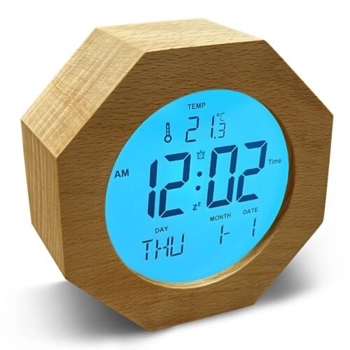 Wooden Digital Alarm Clock Blue Backlit Wood 4'' Battery Powered Alarm Clock
