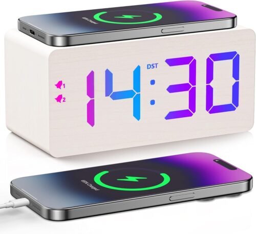 Wooden Digital Alarm Clock Fast Wireless Charger Dual USB Charging Ports DST RGB