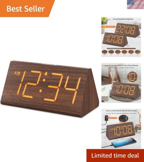 Wooden Digital Alarm Clock for Bedroom with Large Numbers, USB Port, Loud Ala...